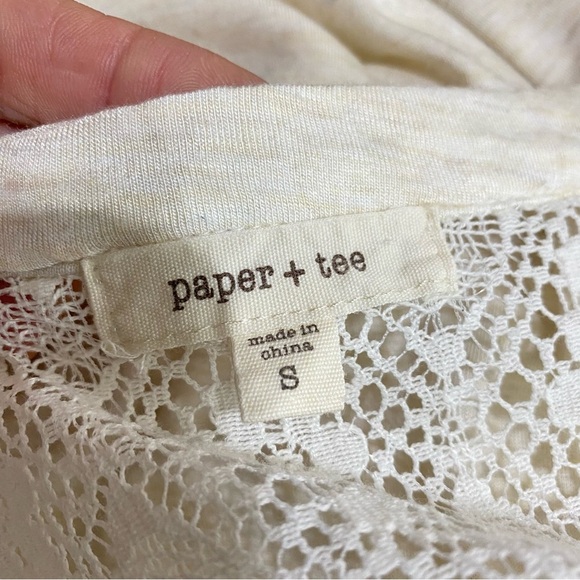 Paper + Tee Crochet Lace 3/4 Sleeve Off Center Knit Top - Picture 5 of 6